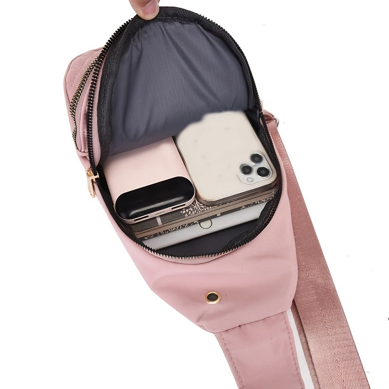 Large Capacity Chest Bag for Women - Adjustable Embroidered Crossbody Bag with Zipper Closure, Polyester Lining, Foldable, and Random Printing - Urban Solid Color Nylon Bag with Comfortable Strap