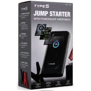 Type S Portable Jump Starter with PowerGuide Assistance, 1000 Peak Amps, USB Power Bank, Black