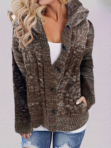 Women's Cable Knit Hooded Cardigan with Buttons and Pockets - Cozy Long Sleeve Sweater Coat for Casual Wear