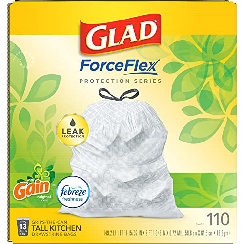 Glad Trash Bags, ForceFlex Protection Series Tall Garbage Bags, 13 Gal, Gain Original with Febreze, 110 Ct (Package May Vary)