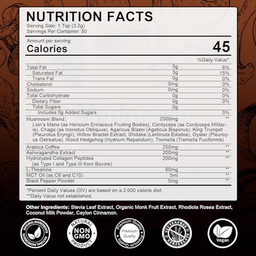 Mushroom Coffee Powder, 10 Mushroom Blend- Lion's Mane, Chaga, Cordyceps, Brain Supplements with Arabica Coffee, Ashwagandha, L-Theanine for Energy, Focus, Memory and Immunity, 50 Serving