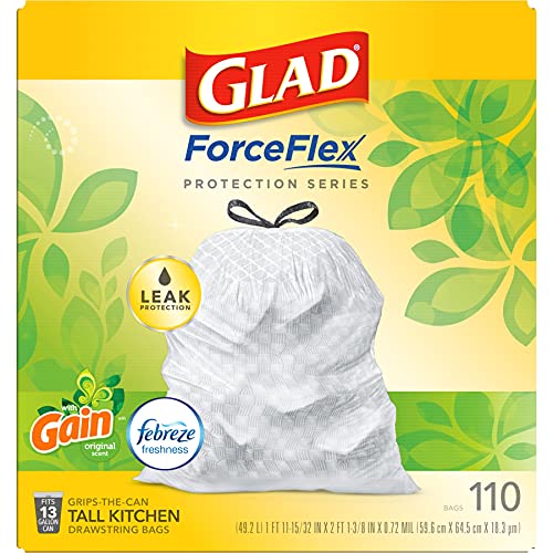 Glad Trash Bags, ForceFlex Protection Series Tall Garbage Bags, 13 Gal, Gain Original with Febreze, 110 Ct (Package May Vary)