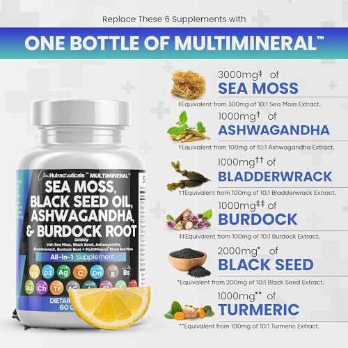 Sea Moss 3000mg Black Seed Oil 2000mg Ashwagandha 1000mg Turmeric 1000mg Bladderwrack 1000mg Burdock & Vitamin C Vitamin D3 with Elderberry Manuka Dandelion Yellow Dock Iodine Chlorophyll ACV - 5 Pack
