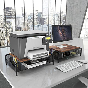 Trwcrt Metal Desk Monitor Stand Riser with Organizer Drawer, Rustic Monitor Riser for Computer, Small Printer, Laptop, Black and Brown