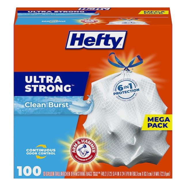 Hefty Ultra Strong Tall Kitchen Trash Bags, Clean Burst Scent, 13 Gallon, 100 CT (Pack - 3)