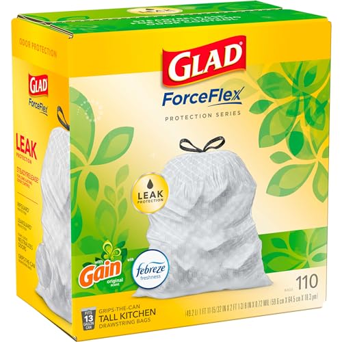 Glad Trash Bags, ForceFlex Protection Series Tall Garbage Bags, 13 Gal, Gain Original with Febreze, 110 Ct (Package May Vary)