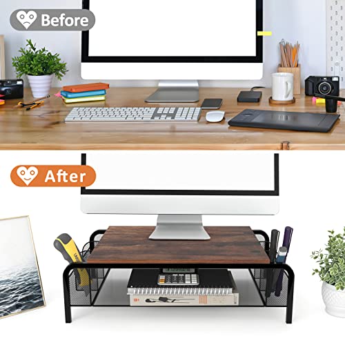 Trwcrt Metal Desk Monitor Stand Riser with Organizer Drawer, Rustic Monitor Riser for Computer, Small Printer, Laptop, Black and Brown
