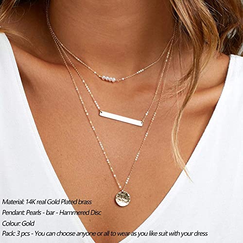 Dainty Layering Pearls Necklace Bar Necklace Hammered Disc Pendant Necklace Simple Layering Necklace Gold Plated Choker for Women