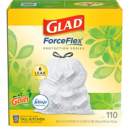 Glad Trash Bags, ForceFlex Protection Series Tall Garbage Bags, 13 Gal, Gain Original with Febreze, 110 Ct (Package May Vary)