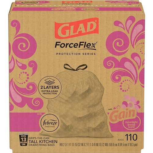 GLAD ForceFlex Tall Kitchen Drawstring Trash Bags, 13 Gallon White Trash Bag for Kitchen Trash Can, Gain Moonlight Breeze with Febreze Freshness and Leak Protection, 110 Count (Package May Vary)