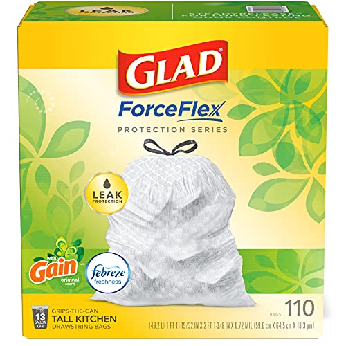 Glad Trash Bags, ForceFlex Protection Series Tall Garbage Bags, 13 Gal, Gain Original with Febreze, 110 Ct (Package May Vary)