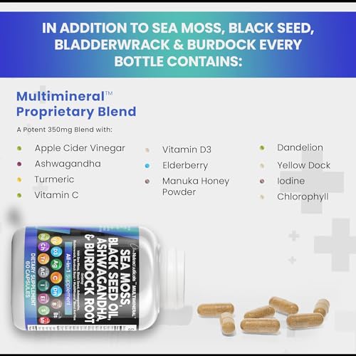 Sea Moss 3000mg Black Seed Oil 2000mg Ashwagandha 1000mg Turmeric 1000mg Bladderwrack 1000mg Burdock & Vitamin C Vitamin D3 with Elderberry Manuka Dandelion Yellow Dock Iodine Chlorophyll ACV - 5 Pack