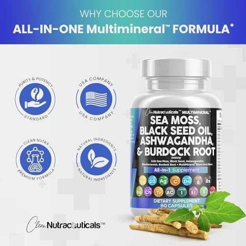 Sea Moss 3000mg Black Seed Oil 2000mg Ashwagandha 1000mg Turmeric 1000mg Bladderwrack 1000mg Burdock & Vitamin C Vitamin D3 with Elderberry Manuka Dandelion Yellow Dock Iodine Chlorophyll ACV - 5 Pack