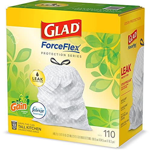 Glad Trash Bags, ForceFlex Protection Series Tall Garbage Bags, 13 Gal, Gain Original with Febreze, 110 Ct (Package May Vary)
