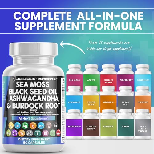 Sea Moss 3000mg Black Seed Oil 2000mg Ashwagandha 1000mg Turmeric 1000mg Bladderwrack 1000mg Burdock & Vitamin C Vitamin D3 with Elderberry Manuka Dandelion Yellow Dock Iodine Chlorophyll ACV - 5 Pack