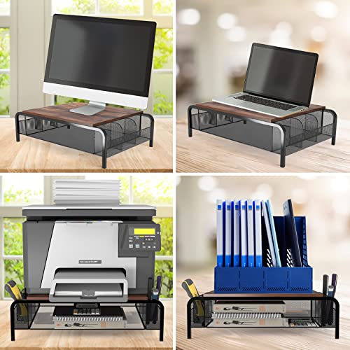 Trwcrt Metal Desk Monitor Stand Riser with Organizer Drawer, Rustic Monitor Riser for Computer, Small Printer, Laptop, Black and Brown