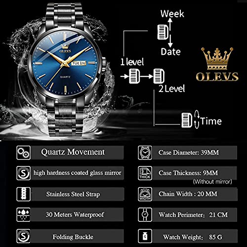 Day Date Watches Men,Black Steel Blue Men Watch,Big Face Men Watch,Luxury Men Watches,Black Steel Watch Man Waterproof,Luminous Men Watch,Male Watches,Men Dress Watch for Men,Classic Steel Wristwatch