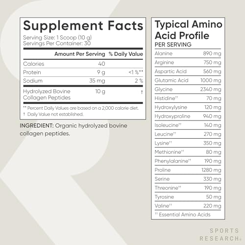Sports Research Organic Collagen Peptides - Hydrolyzed Type I & III Collagen Protein Powder Made Sustainably from Grass-Fed Cows - Unflavored - 30 Servings
