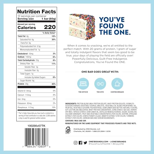 ONE Protein Bars, Birthday Cake, Gluten Free Protein Bars with 20g Protein and only 1g Sugar, Guilt-Free Snacking for High Protein Diets, 2.12 Oz, 12 Count