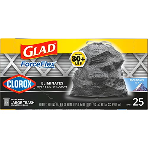 Glad Trash Bags, Large Drawstring Garbage Bags ForceFlex with Clorox, 30 Gallon, Mountain Air, 25 Count