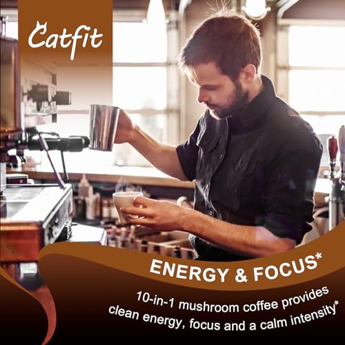 Mushroom Coffee Powder, 10 Mushroom Blend- Lion's Mane, Chaga, Cordyceps, Brain Supplements with Arabica Coffee, Ashwagandha, L-Theanine for Energy, Focus, Memory and Immunity, 50 Serving