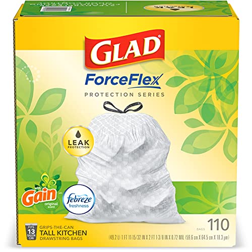 Glad Trash Bags, ForceFlex Protection Series Tall Garbage Bags, 13 Gal, Gain Original with Febreze, 110 Ct (Package May Vary)