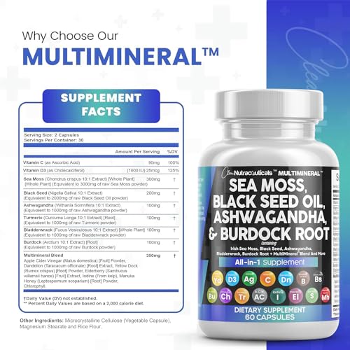 Sea Moss 3000mg Black Seed Oil 2000mg Ashwagandha 1000mg Turmeric 1000mg Bladderwrack 1000mg Burdock & Vitamin C Vitamin D3 with Elderberry Manuka Dandelion Yellow Dock Iodine Chlorophyll ACV - 5 Pack
