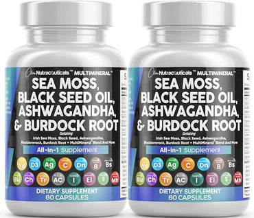 Sea Moss 3000mg Black Seed Oil 2000mg Ashwagandha 1000mg Turmeric 1000mg Bladderwrack 1000mg Burdock & Vitamin C Vitamin D3 with Elderberry Manuka Dandelion Yellow Dock Iodine Chlorophyll ACV - 2Pack