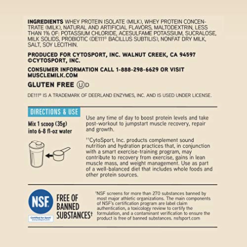 Muscle Milk 100% Whey With Probiotics Protein Powder, Vanilla, 1.85 Pound, 23 Servings, 27g Protein, 2g Sugar, 1B CFU Probiotics, Low in Fat, NSF Certified for Sport, Packaging May Vary