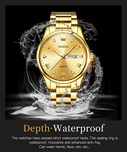 OLEVS Gold Watches for Men,Fashion Men Wrist Watches with Day Date,Diamond Watches Men,Gold Stainless Steel Analog Man Watch Waterproof,reloj de Hombre,Large Face Mens Dress Watch Luminous, Watch Men