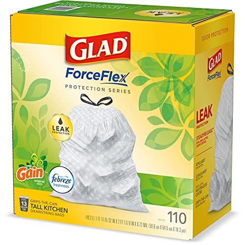 Glad Trash Bags, ForceFlex Protection Series Tall Garbage Bags, 13 Gal, Gain Original with Febreze, 110 Ct (Package May Vary)