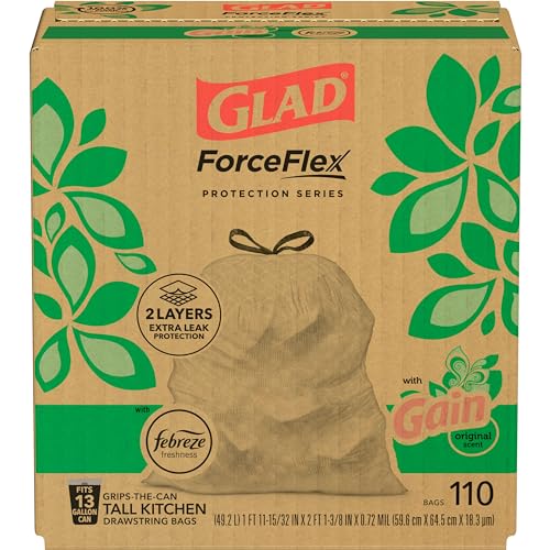 Glad Trash Bags, ForceFlex Protection Series Tall Garbage Bags, 13 Gal, Gain Original with Febreze, 110 Ct (Package May Vary)