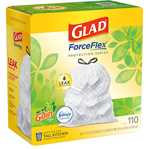 Glad Trash Bags, ForceFlex Protection Series Tall Garbage Bags, 13 Gal, Gain Original with Febreze, 110 Ct (Package May Vary)