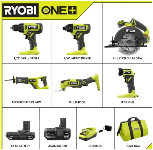 RYOBI ONE+ PCL1600K2 18V Cordless 6-Tool Combo Kit with 1.5 Ah Battery, 4.0 Ah Battery, and Charger
