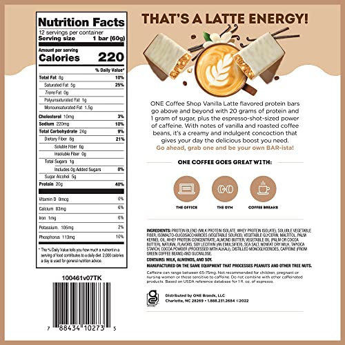 ONE Coffee Shop Protein Bars + Caffeine, Vanilla Latte, Gluten Free with 20g Protein and only1g Sugar, Guilt-Free Snacking for High Protein Diets, 2.12 oz (12 Count)