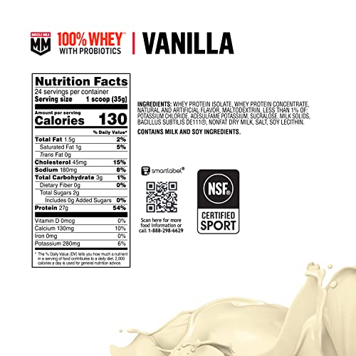 Muscle Milk 100% Whey With Probiotics Protein Powder, Vanilla, 1.85 Pound, 23 Servings, 27g Protein, 2g Sugar, 1B CFU Probiotics, Low in Fat, NSF Certified for Sport, Packaging May Vary