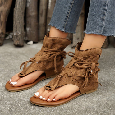 Cross-border Cool Boots European and American Hot Selling Retro Comfortable Flat Bottom Tassel Hollow Toe Women's Sandals
