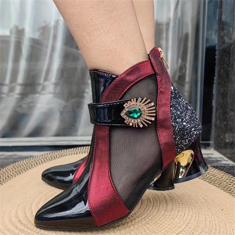 Women's Rhinestone Mesh Ankle Boots with Pointed Toe, Fashionable Short Boots