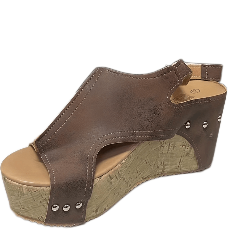 Women's Platform Wedge Sandals, Open Toe Cut-out Slingback Heels, Fashion Wood Grain Sandals
