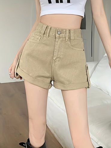 Distressed High Waist Denim Shorts for Women - Fashionable Slash Pockets A-Line Design, Comfortable Fit, Versatile Summer Style - Short Denim Pants, Womens Jeans Clothing