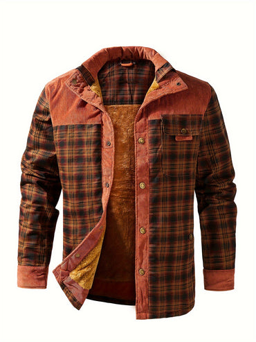 Men's Trendy Thermal Cotton Jacket, Mature Stylish Lapel Button Up Coat For Winter Outdoor Events