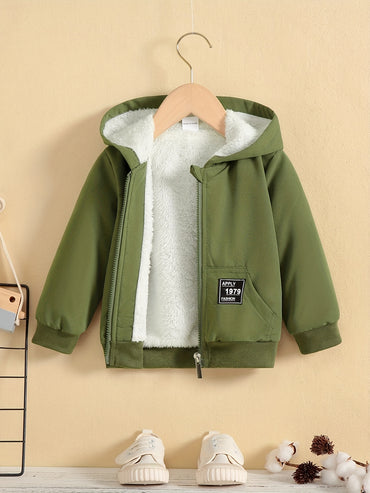 Kids Fleece Lined Warm Hooded Zipper Coat, Toddler Baby's Casual Hoodie Jacket