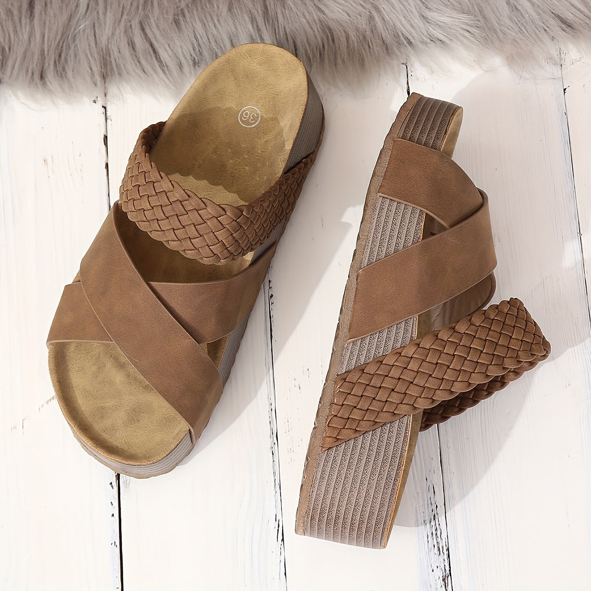 Women's Braided Cross Strap Platform Slides - Comfy Open Toe Sandals for Casual Summer Beach Outings, Breezy Outdoor Wear