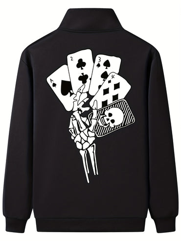 Skeleton Holding Card Pattern Windbreaker Jackets, Men's Casual Stretch Stand Collar Jacket Coat