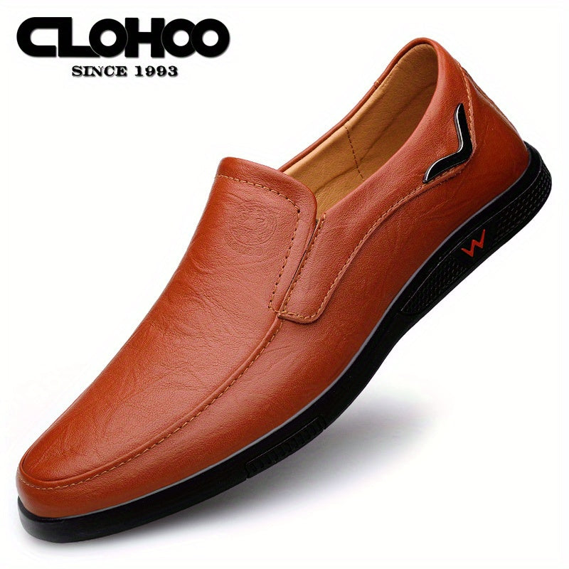 CLOHOO Men's Slip-On Casual Shoes - Genuine Leather Upper, Rubber Sole with PU Cushioned Insole, All-Season Comfort for Business & Vacation, Brown/Black, Casual Footwear | Classic Slipon | Rubber Sole Footwear