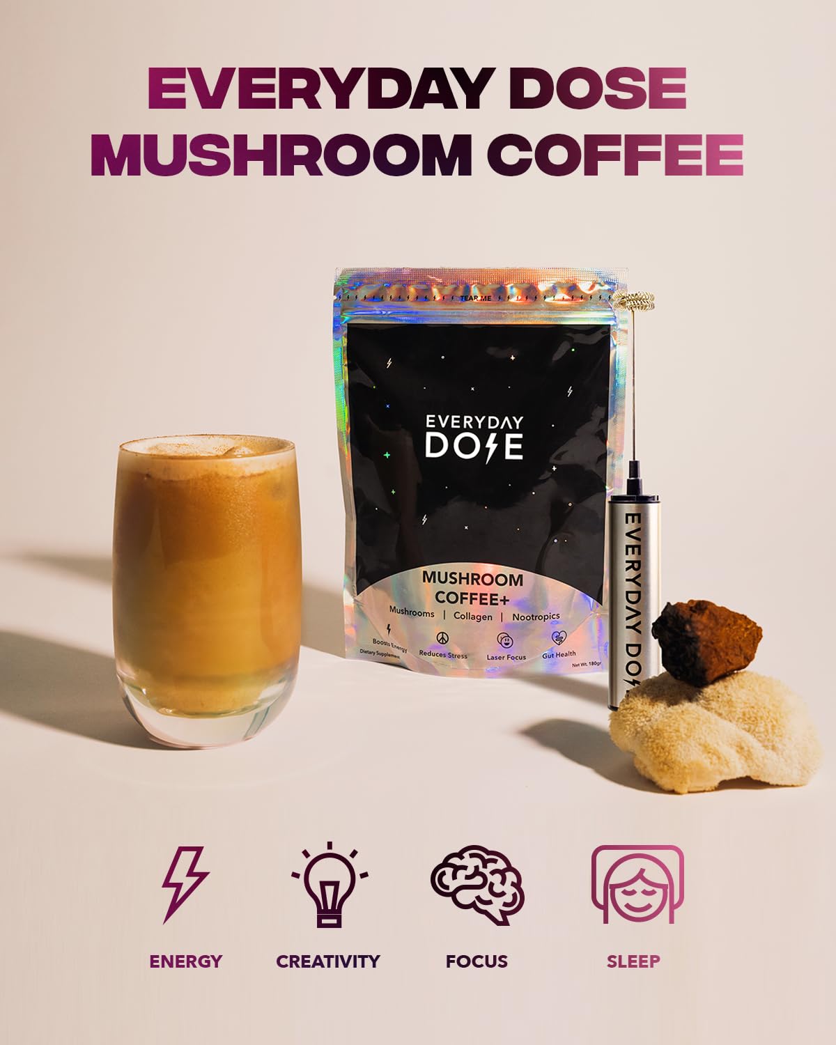 The Mushroom Latte by Everyday Dose | Premium Coffee Extract with Grass-Fed Collagen, Chaga, Lions Mane & L-Theanine for better Focus, Energy, Digestion and Immunity | 30 Servings Of Mushroom Coffee
