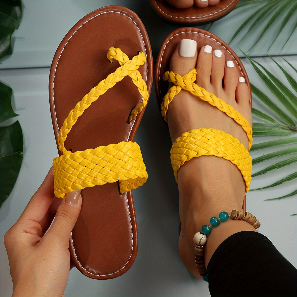 Women's Flat Slide Sandals, Toe Loop Braided Band Slip On Shoes, Casual Beach Slides