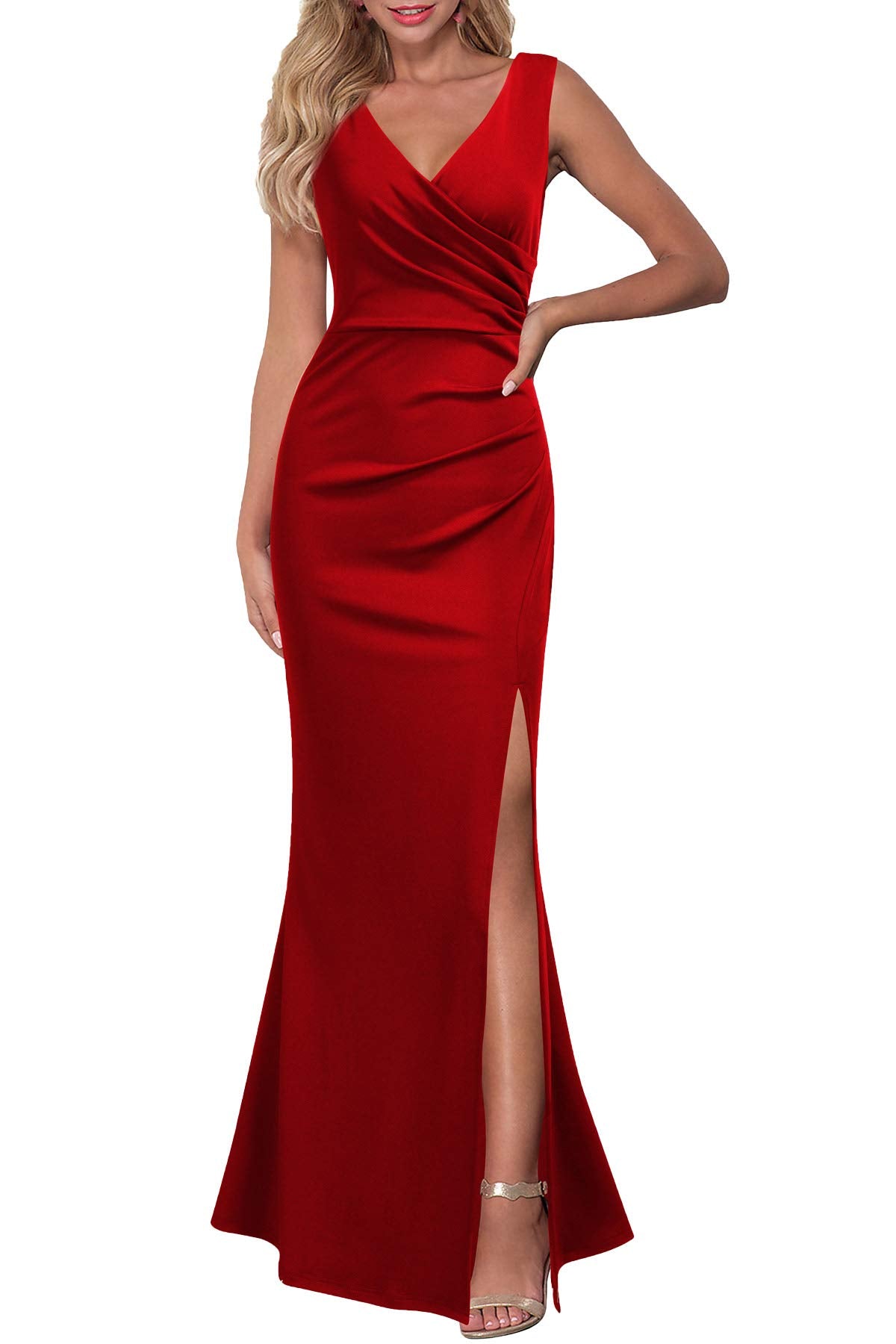 WOOSEA Women Sleeveless V Neck Split Evening Cocktail Long Dress Red  Mega  Mart Center