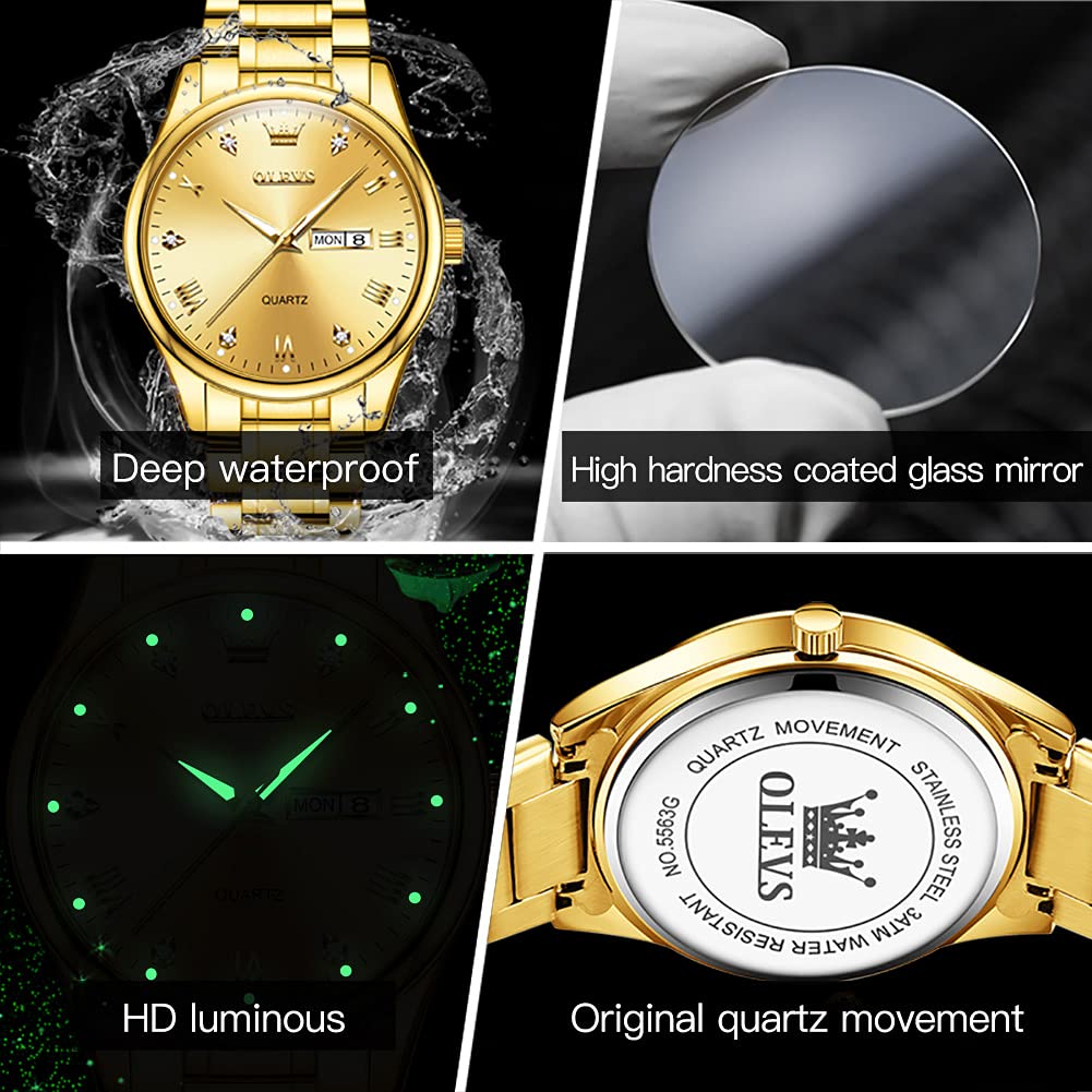 OLEVS Gold Watches for Men,Fashion Men Wrist Watches with Day Date,Diamond Watches Men,Gold Stainless Steel Analog Man Watch Waterproof,reloj de Hombre,Large Face Mens Dress Watch Luminous, Watch Men