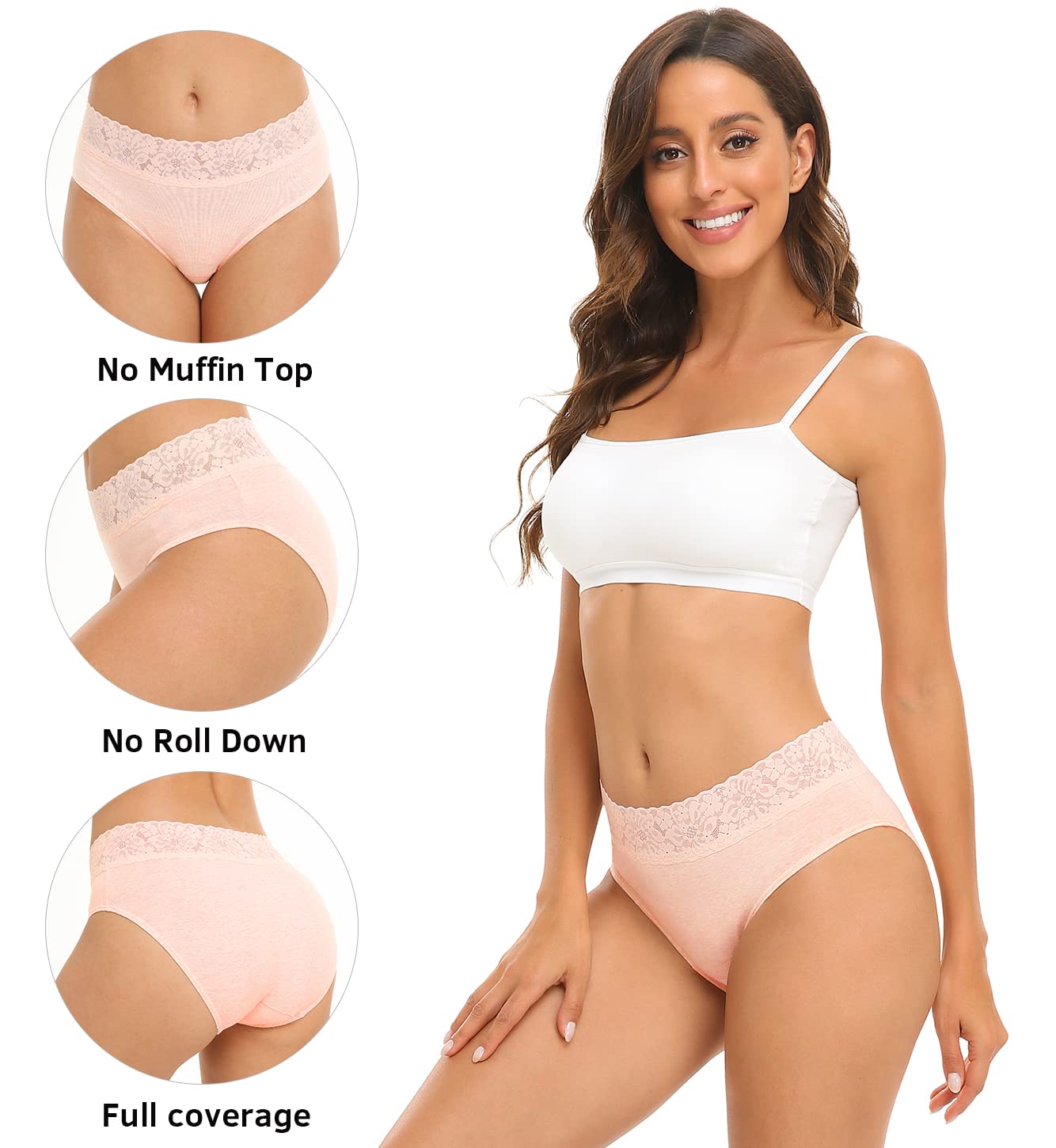 RHYFF Womens Underwear Cotton Hipster Panties Lace Soft Bikini Panty Ladies Stretch Full Briefs 5 Pack S-XL(R6004M-Light)